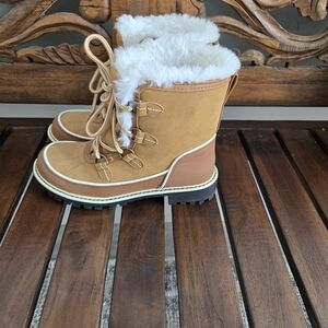 MIA Two-Tone Tan and White Fur Lined Ankle Booties